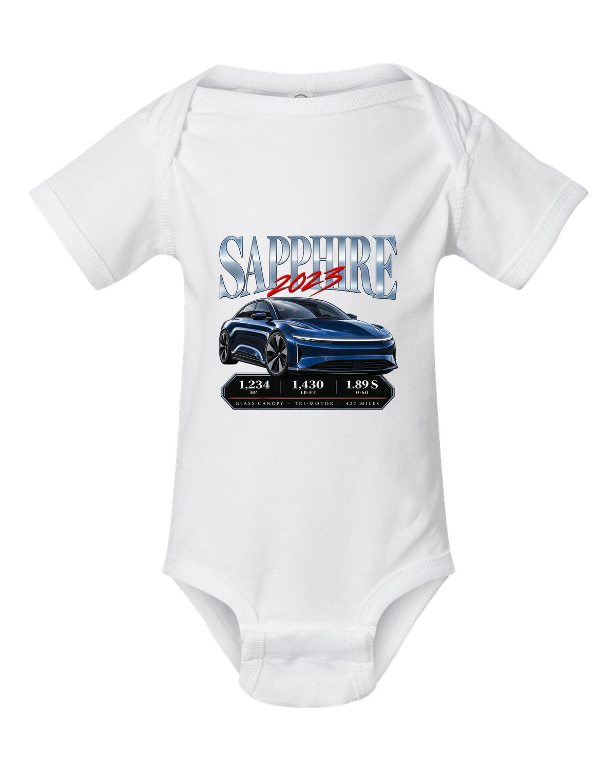 Archive panel print of a 2023 Lucid Air Sapphire with horsepower and range figures white baby onesie front view with the design