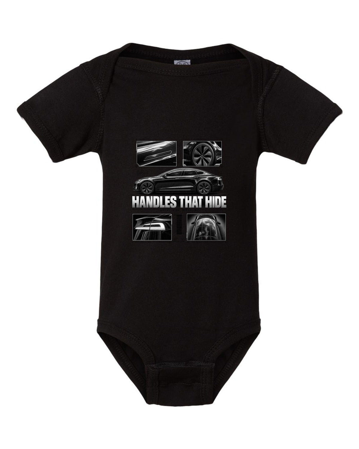Tesla Model S Raven Side Profile Dossier black baby onesie front view with the design