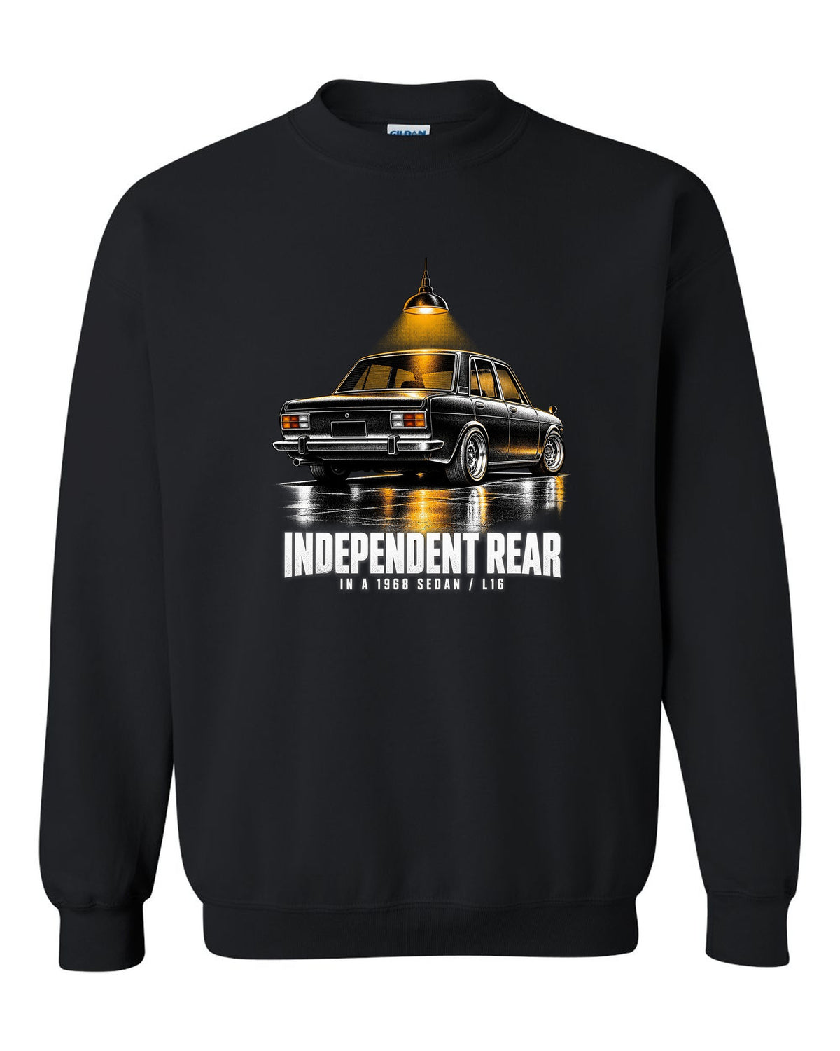 print of a 1968 Datsun 510 PL510 sedan from the rear three-quarter in a night garage black crewneck front view with the design
