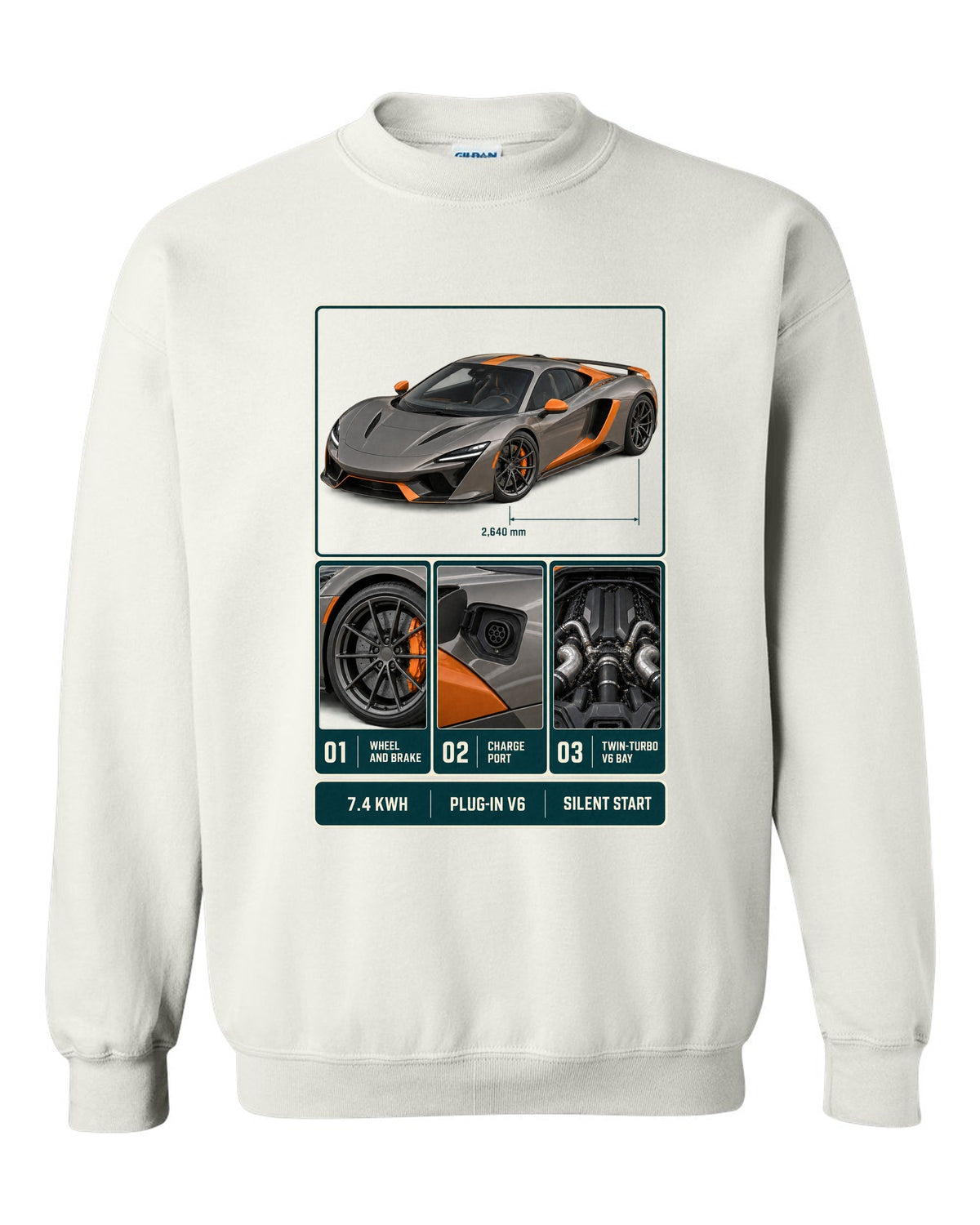 McLaren Artura dossier panel print with 7.4 kWh, plug-in V6 and silent start white crewneck front view with the design