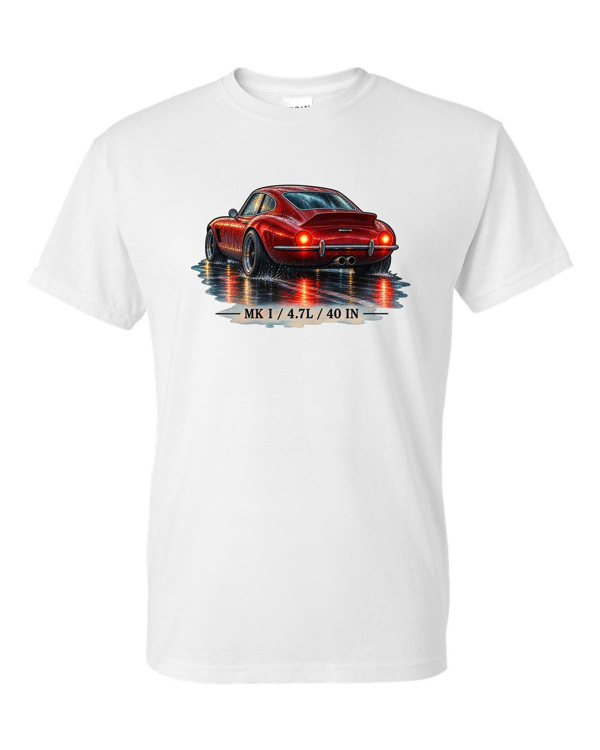 Watercolour of a Ford GT40 Mk I on a wet night road with 4.7L lettering white t-shirt front view with the design