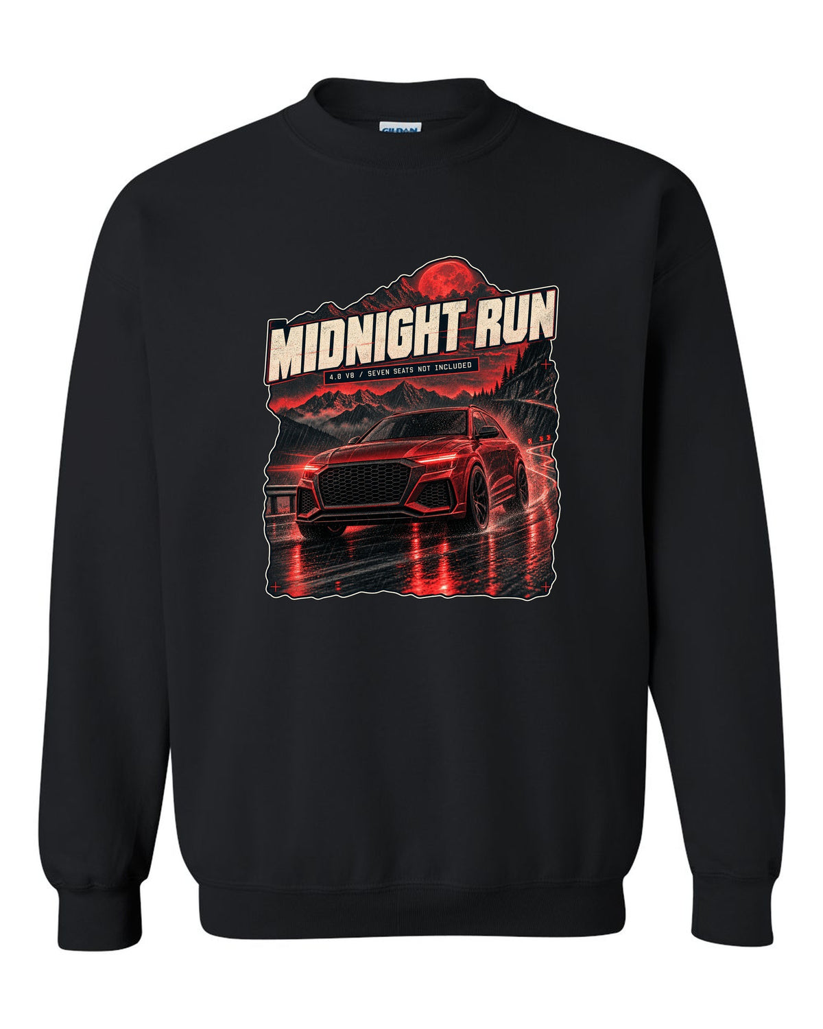 Audi RS Q8 night street scene print with midnight run text black crewneck front view with the design