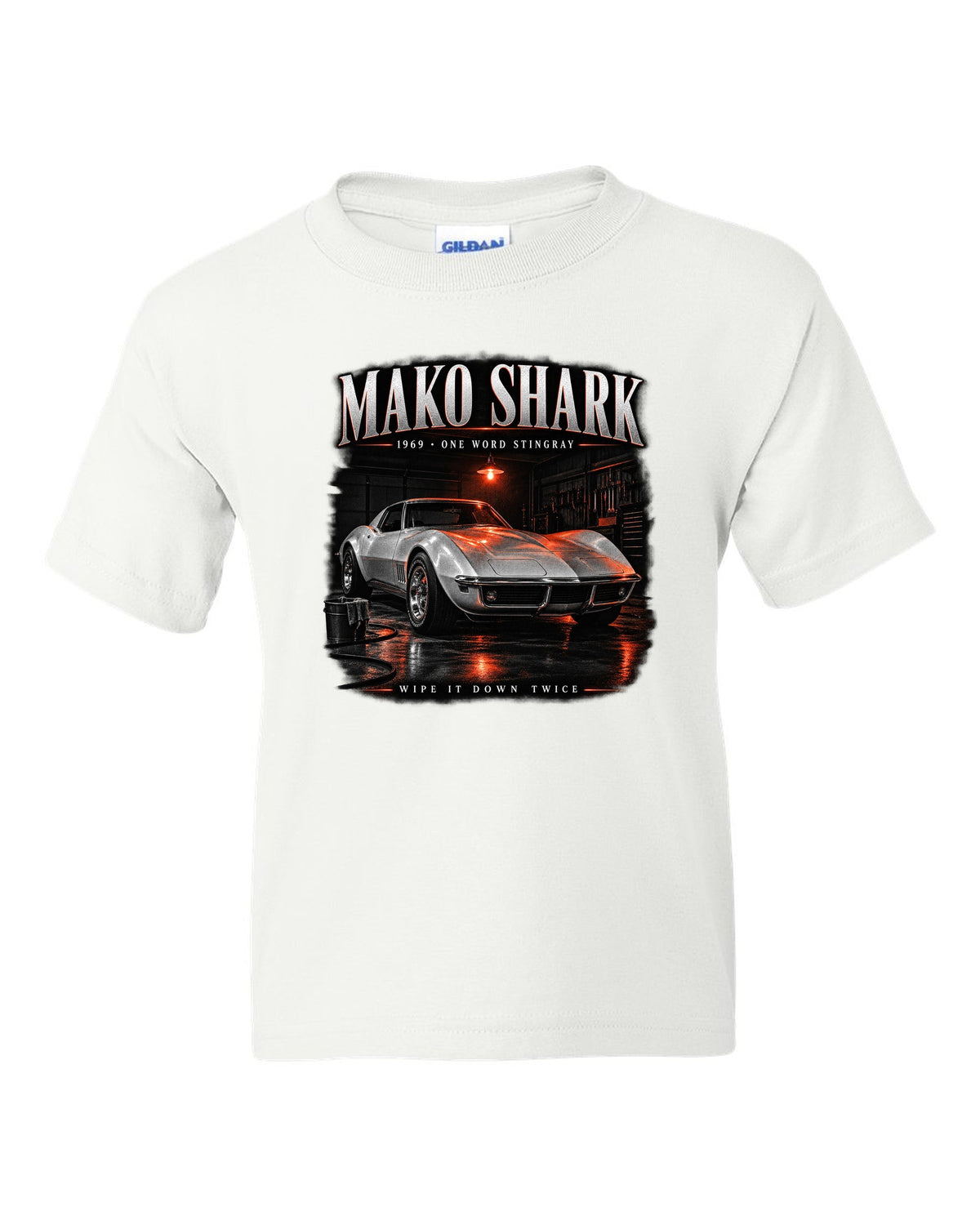 Chevrolet Corvette C3 Stingray 1969 coupe garage night print Mako Shark white kids tee front view with the design