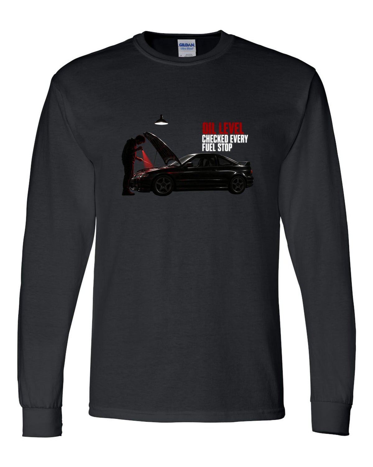 BMW E46 M3 coupe garage night print with oil level checked every fuel stop text black long sleeve front view with the design