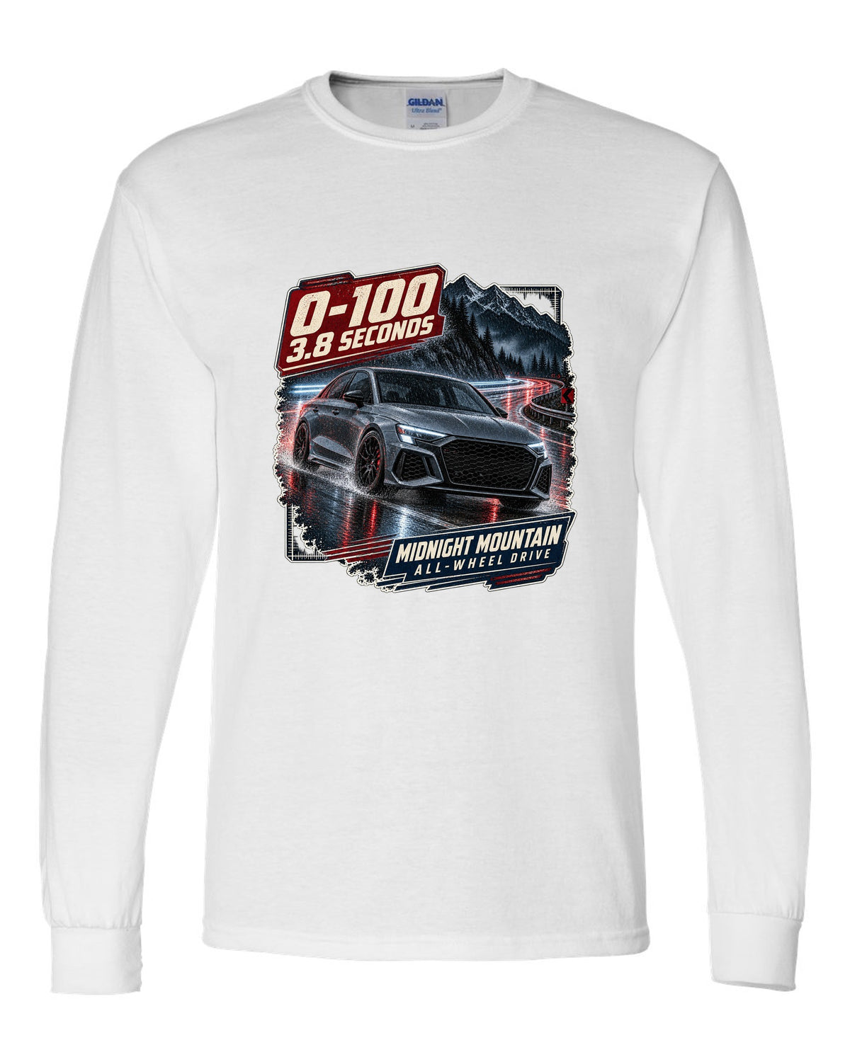 Audi RS3 8Y sedan on a night mountain road with 0-100 caption white long sleeve front view with the design