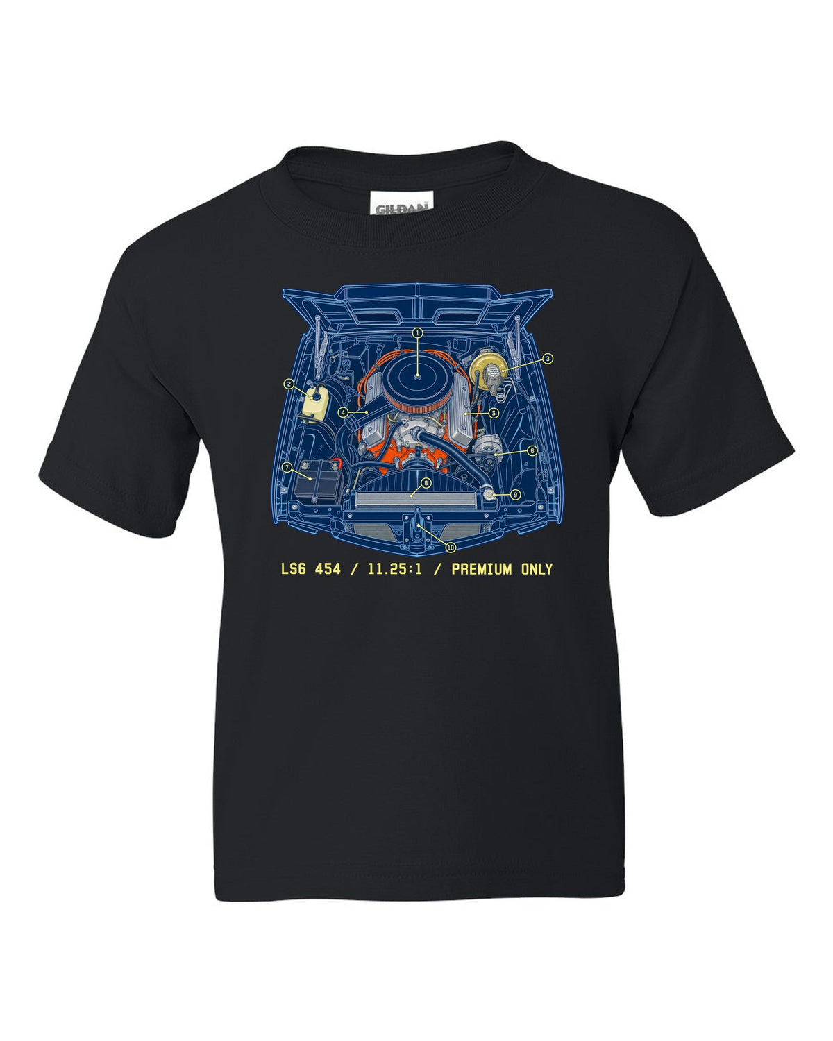Blueprint line art print of a 1970 Chevelle SS 454 engine bay with the text LS6 454, 11.25:1, Premium Only black kids tee front view with the design