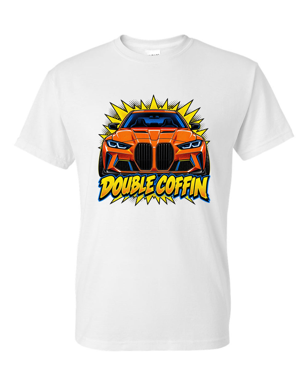 BMW G80 M3 head-on comic halftone pop art print with Double Coffin text white t-shirt front view with the design
