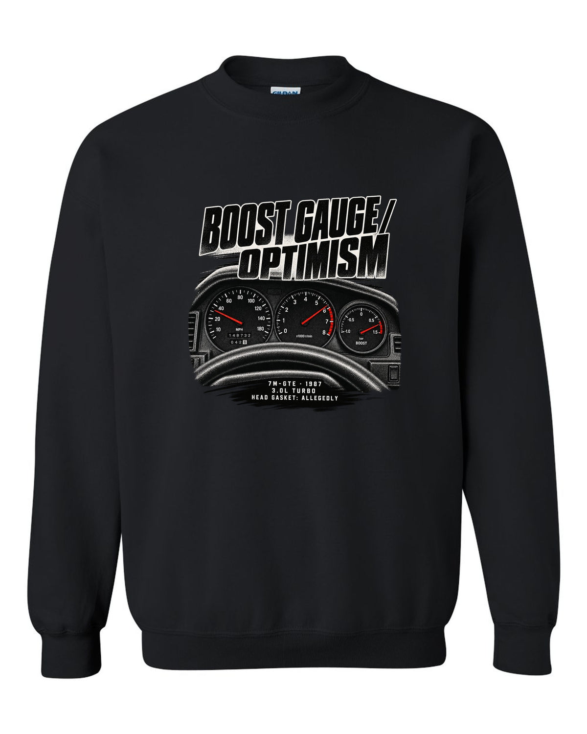 Cockpit gauge print for a Toyota Supra A70 MA70 with the text Boost Gauge Optimism 7M-GTE 1987 black crewneck front view with the design