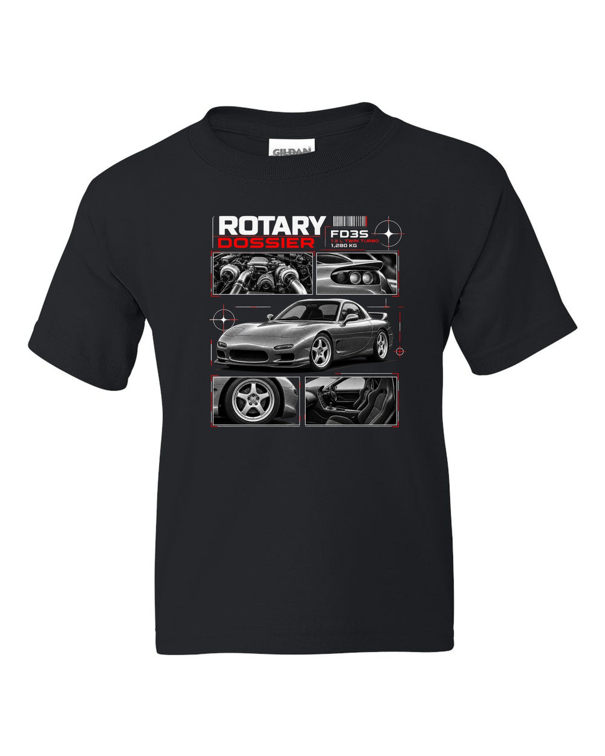 Dossier print of a Mazda RX-7 FD3S front three-quarter with detail panels black kids tee front view with the design