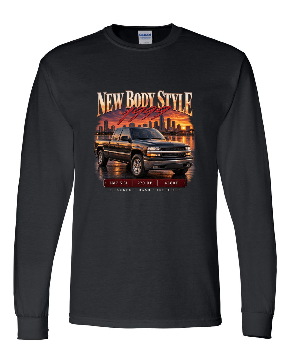 Archive panel print of a 1999-2006 Chevrolet Silverado GMT800 with LM7 5.3L text black long sleeve front view with the design