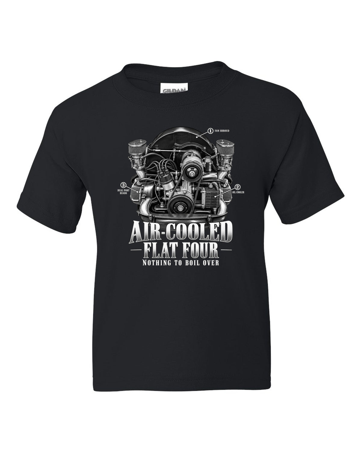 Engine bay callout print of a VW Beetle air-cooled 1600 dual-port flat-four black kids tee front view with the design