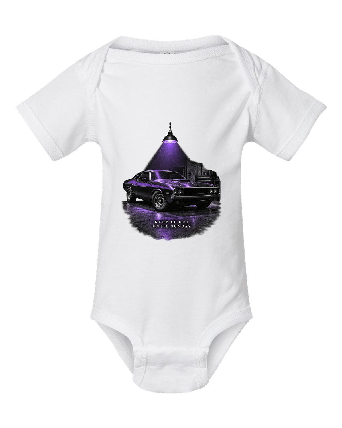 Garage night print of a Plum Crazy 1970 Dodge Challenger R/T with keep it dry until Sunday text white baby onesie front view with the design