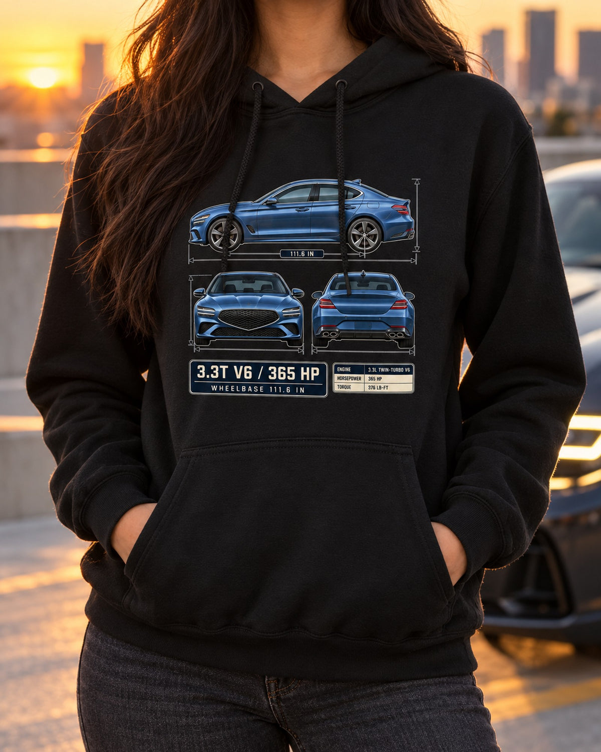 Genesis G70 3.3T Blueprint Shirt, V6 Sport Sedan Gift Pull Over Hoodie Black worn hero