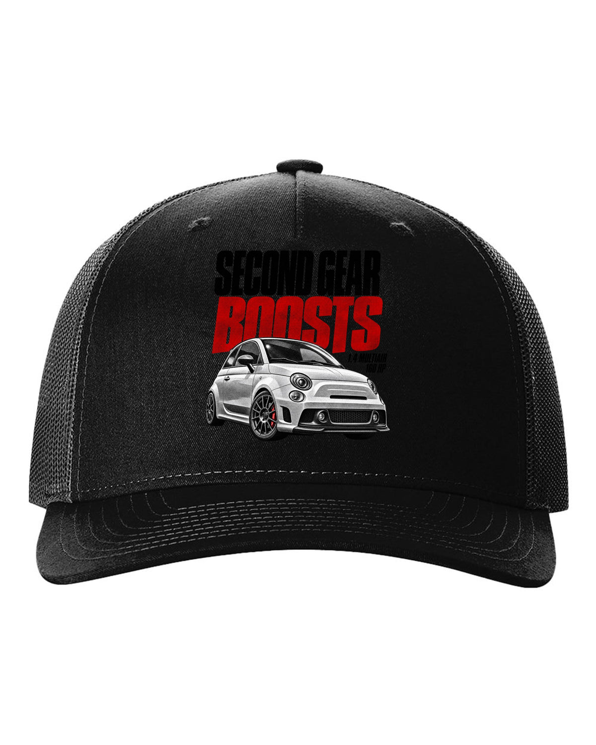 Halftone print of a Fiat 500 Abarth with 1.4 MultiAir and 160 HP text black hat front view with the design