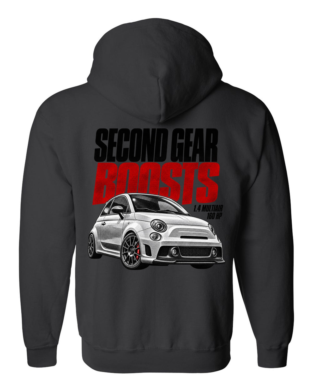 Halftone print of a Fiat 500 Abarth with 1.4 MultiAir and 160 HP text black zip hoodie back view with the design