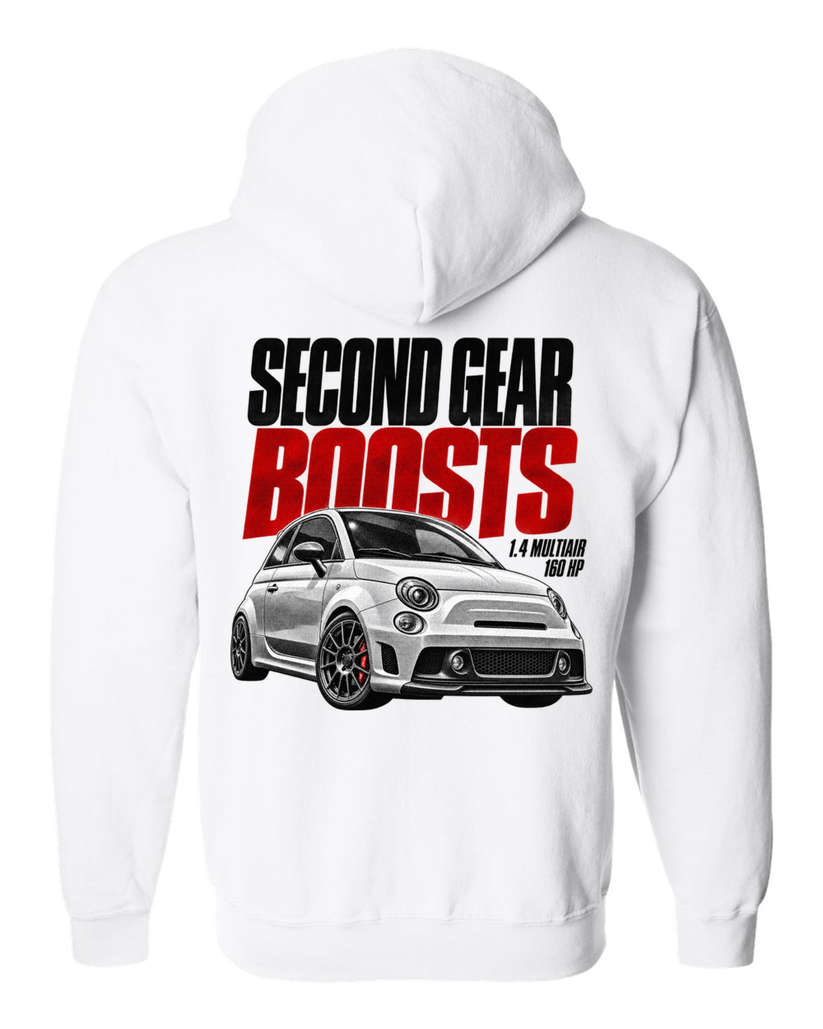 Halftone print of a Fiat 500 Abarth with 1.4 MultiAir and 160 HP text white zip hoodie back view with the design