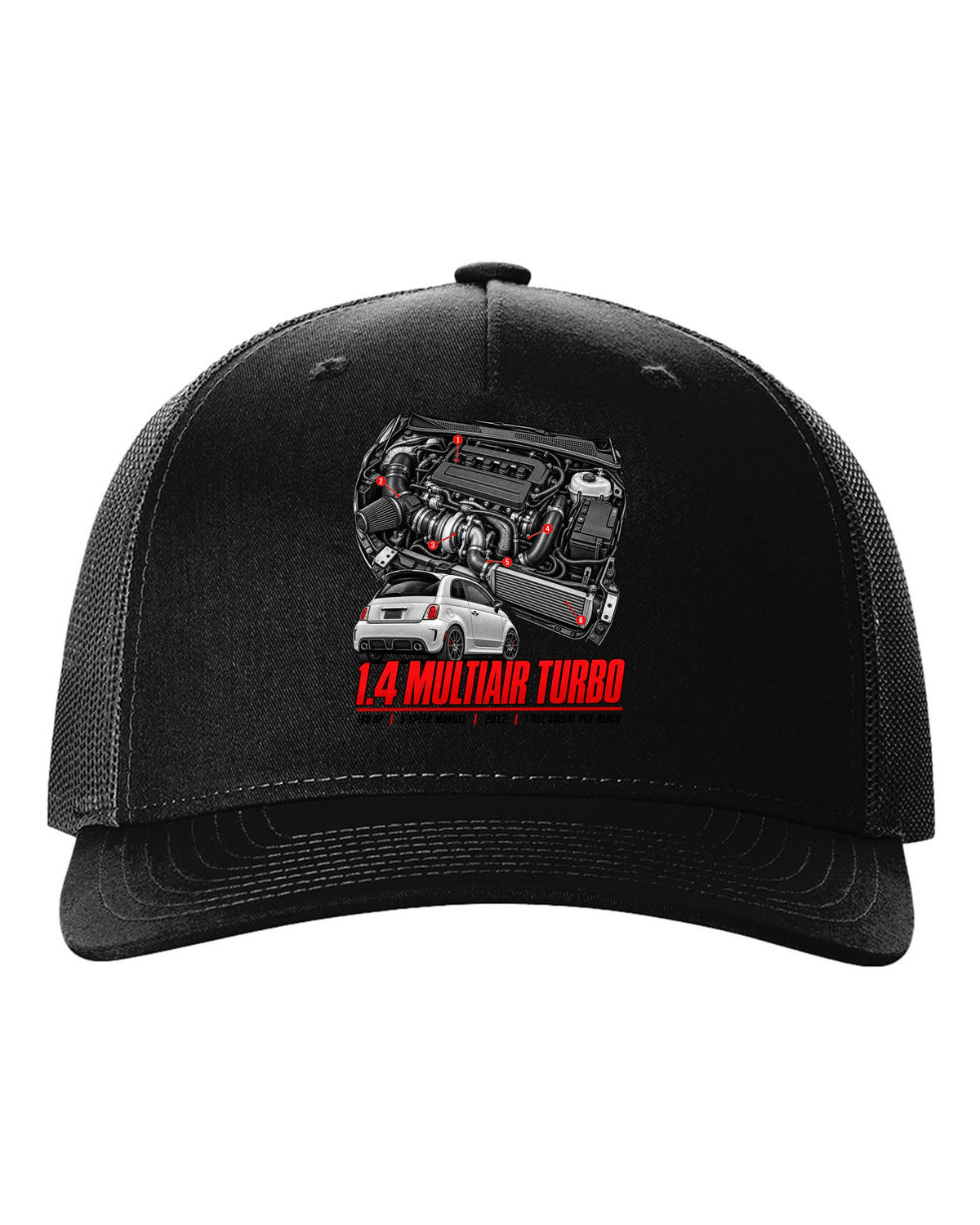 Fiat 500 Abarth engine bay hero poster with 1.4 MultiAir turbo figures black hat front view with the design