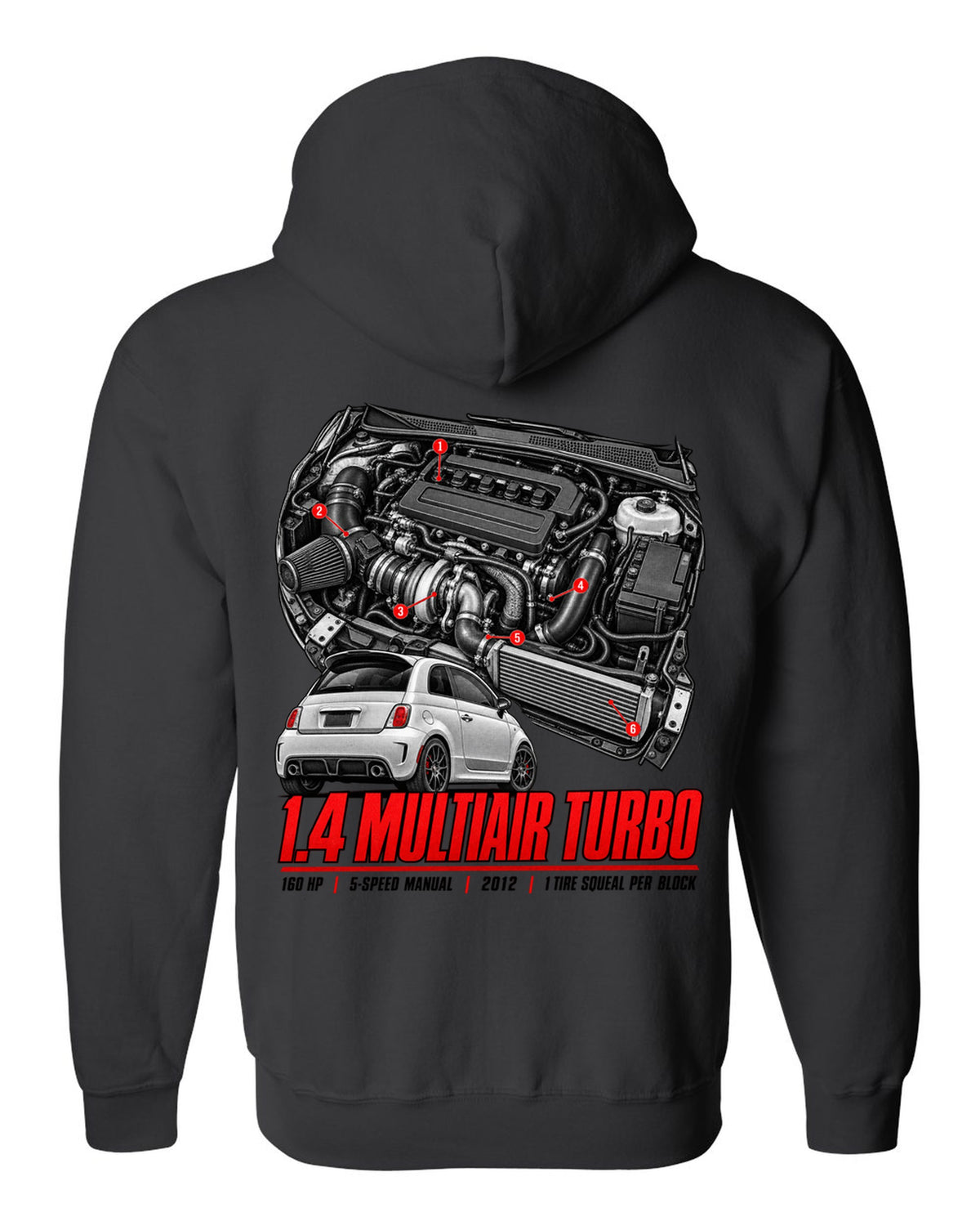 Fiat 500 Abarth engine bay hero poster with 1.4 MultiAir turbo figures black zip hoodie back view with the design