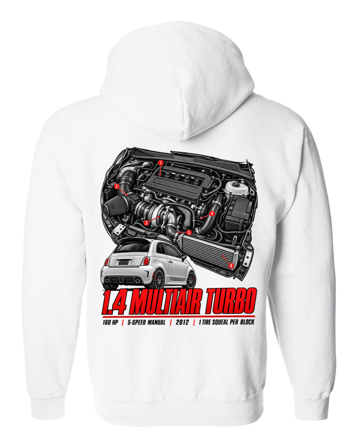 Fiat 500 Abarth engine bay hero poster with 1.4 MultiAir turbo figures white zip hoodie back view with the design