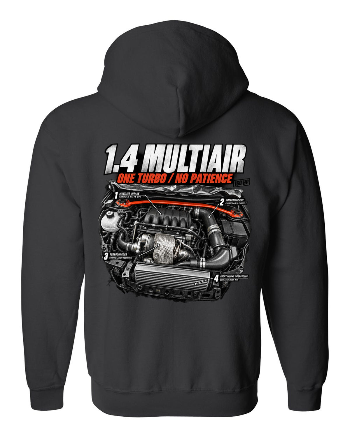 Engine hero print of the Fiat 500 Abarth 1.4 MultiAir turbo with 160 HP text black zip hoodie back view with the design