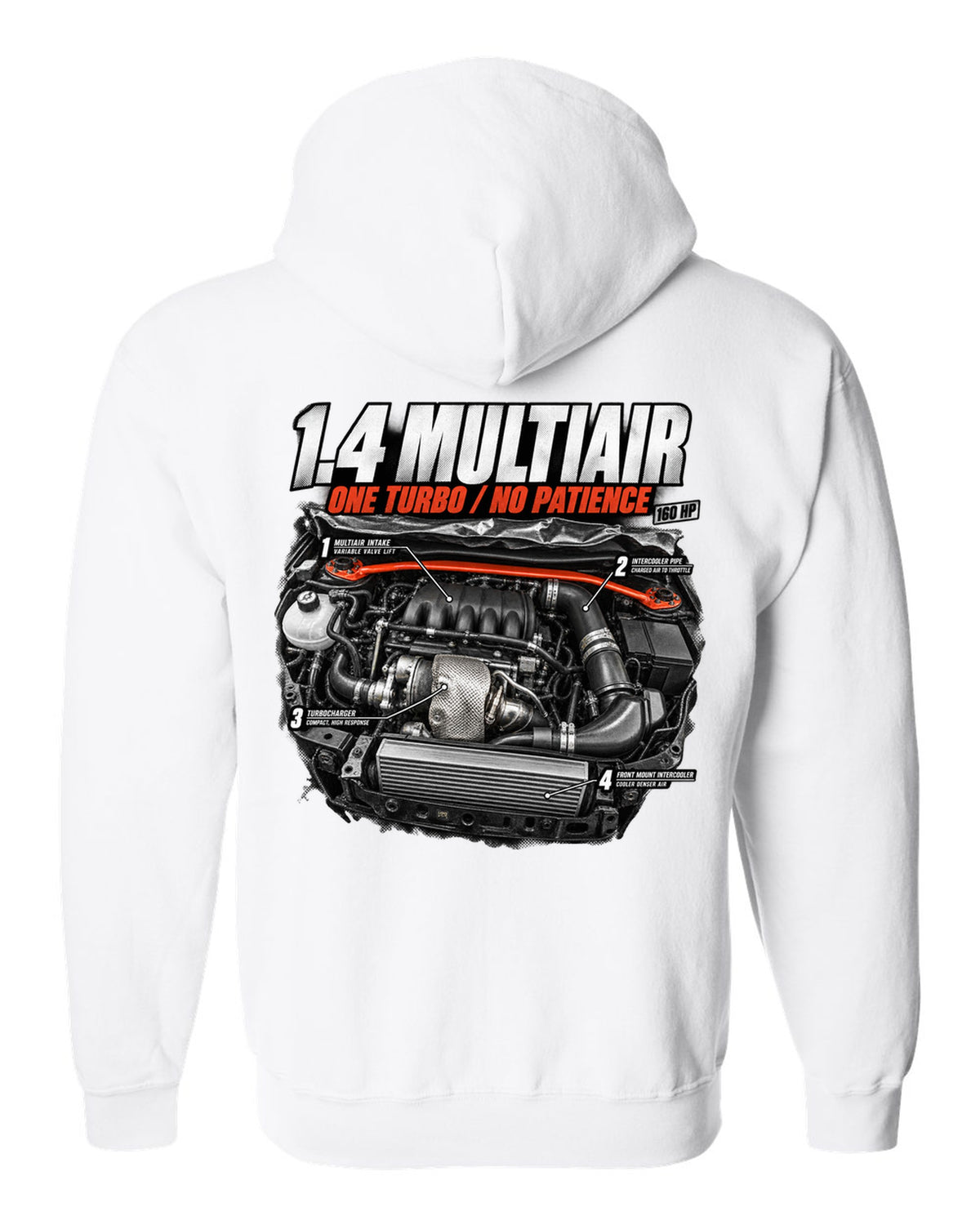 Engine hero print of the Fiat 500 Abarth 1.4 MultiAir turbo with 160 HP text white zip hoodie back view with the design
