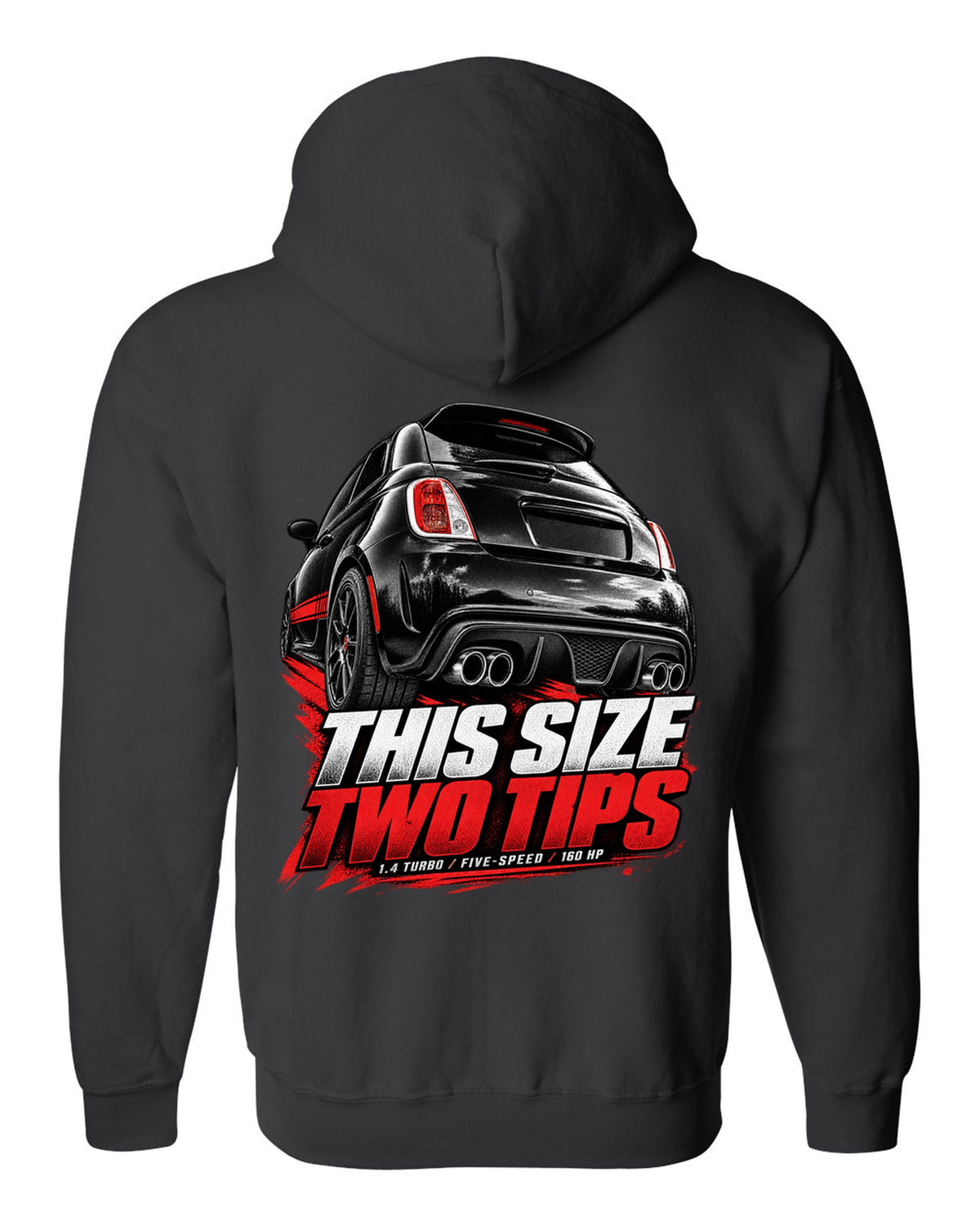Low rear crop of a US Fiat 500 Abarth exhaust and diffuser on a print black zip hoodie back view with the design