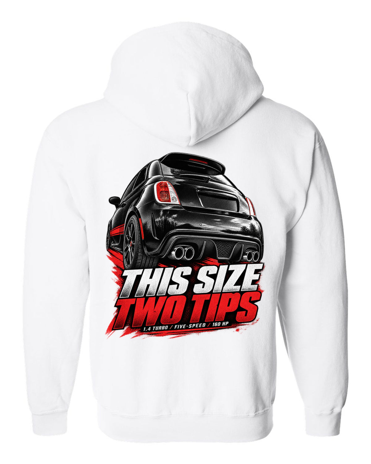 Low rear crop of a US Fiat 500 Abarth exhaust and diffuser on a print white zip hoodie back view with the design