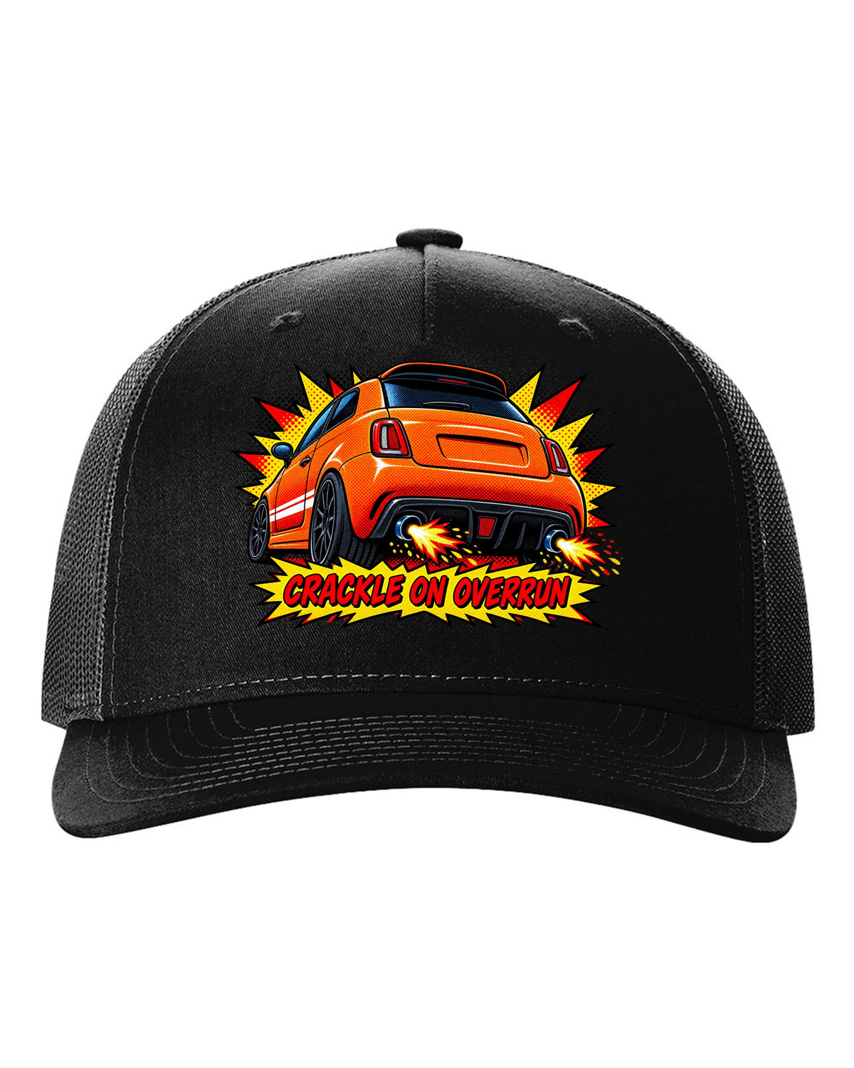 Comic halftone art of a Fiat 500 Abarth with crackle on overrun lettering black hat front view with the design
