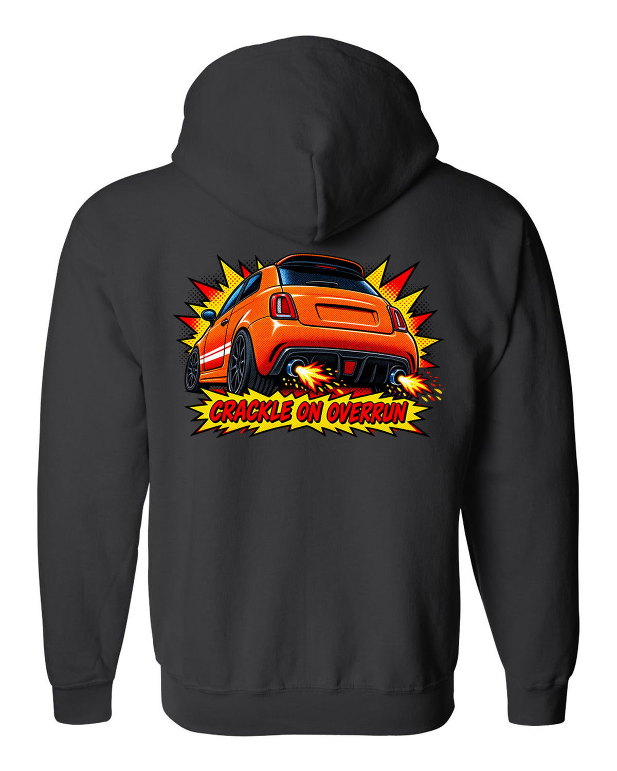 Comic halftone art of a Fiat 500 Abarth with crackle on overrun lettering black zip hoodie back view with the design