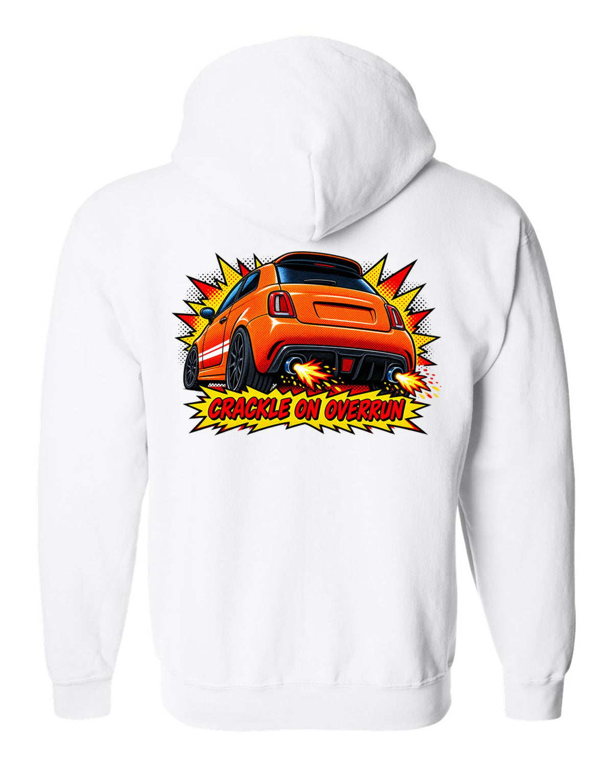 Comic halftone art of a Fiat 500 Abarth with crackle on overrun lettering white zip hoodie back view with the design