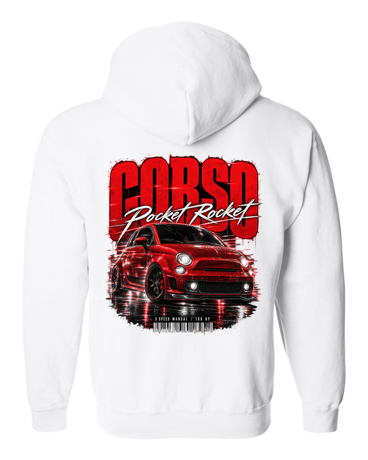 Street poster print of a Fiat 500 Abarth with Corso Pocket Rocket 5 speed manual text white zip hoodie back view with the design