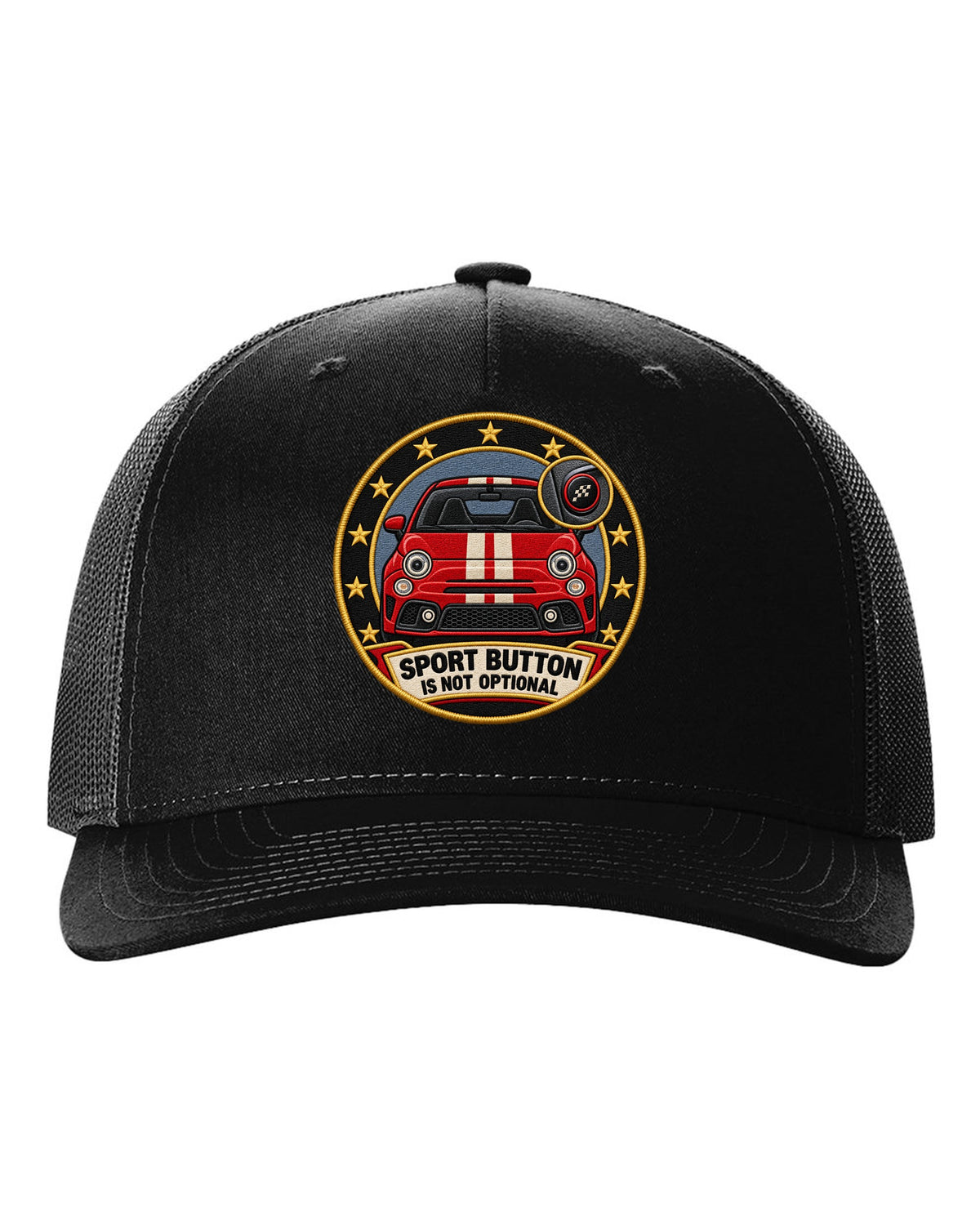 Varsity crest of a Fiat 500 Abarth with sport button text black hat front view with the design