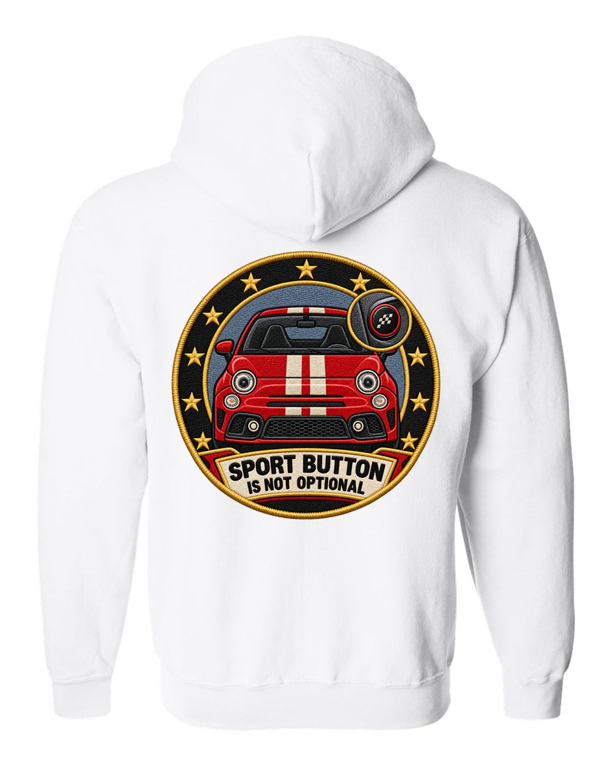 Varsity crest of a Fiat 500 Abarth with sport button text white zip hoodie back view with the design