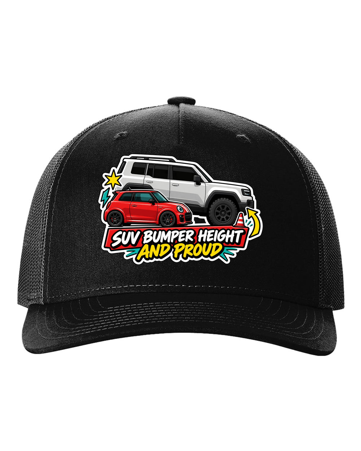 Sticker-bomb collage of a Fiat 500 Abarth with SUV bumper height joke black hat front view with the design