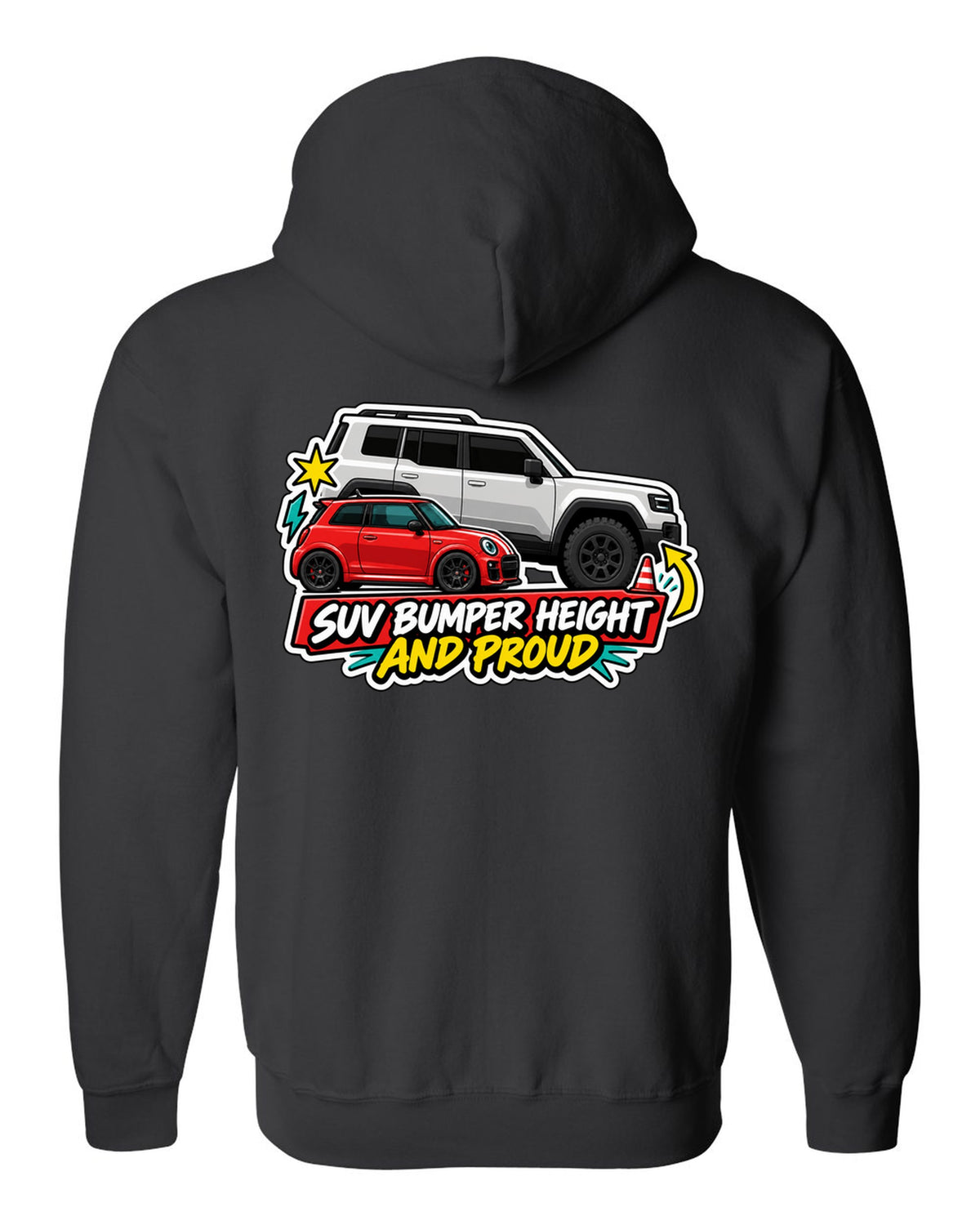 Sticker-bomb collage of a Fiat 500 Abarth with SUV bumper height joke black zip hoodie back view with the design