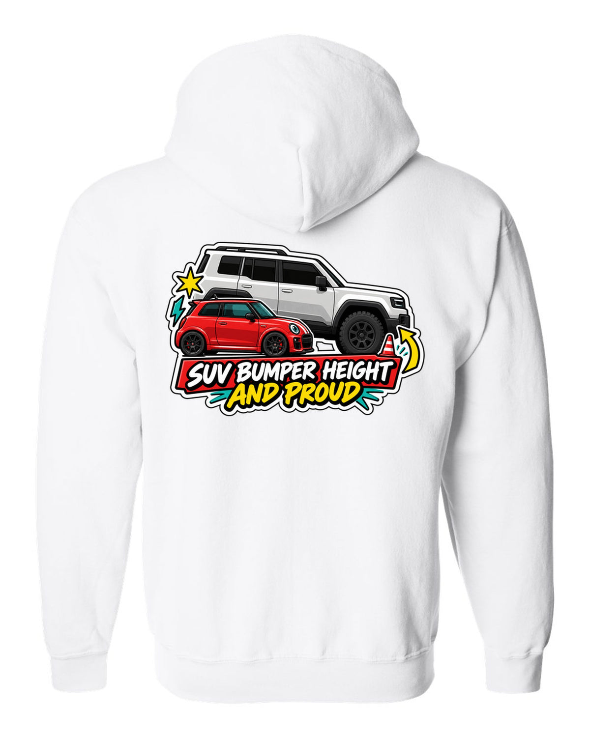 Sticker-bomb collage of a Fiat 500 Abarth with SUV bumper height joke white zip hoodie back view with the design