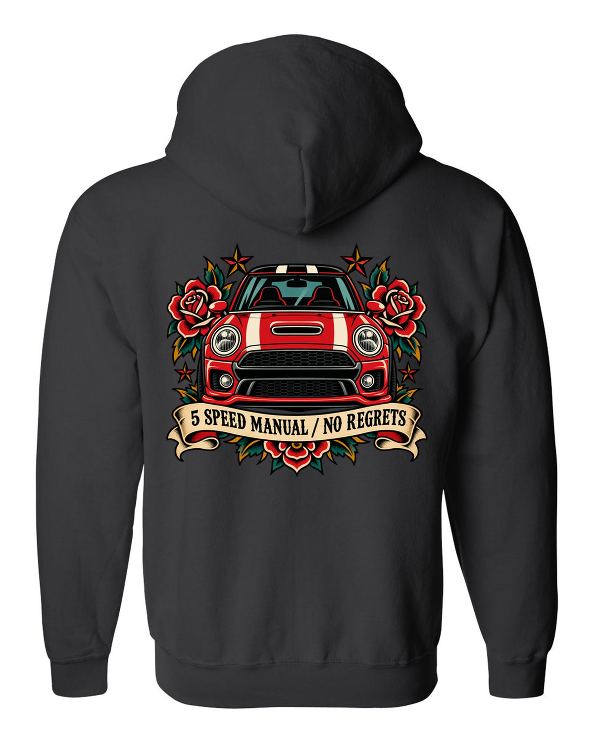 Tattoo flash style Fiat 500 Abarth with 5 speed manual no regrets lettering black zip hoodie back view with the design