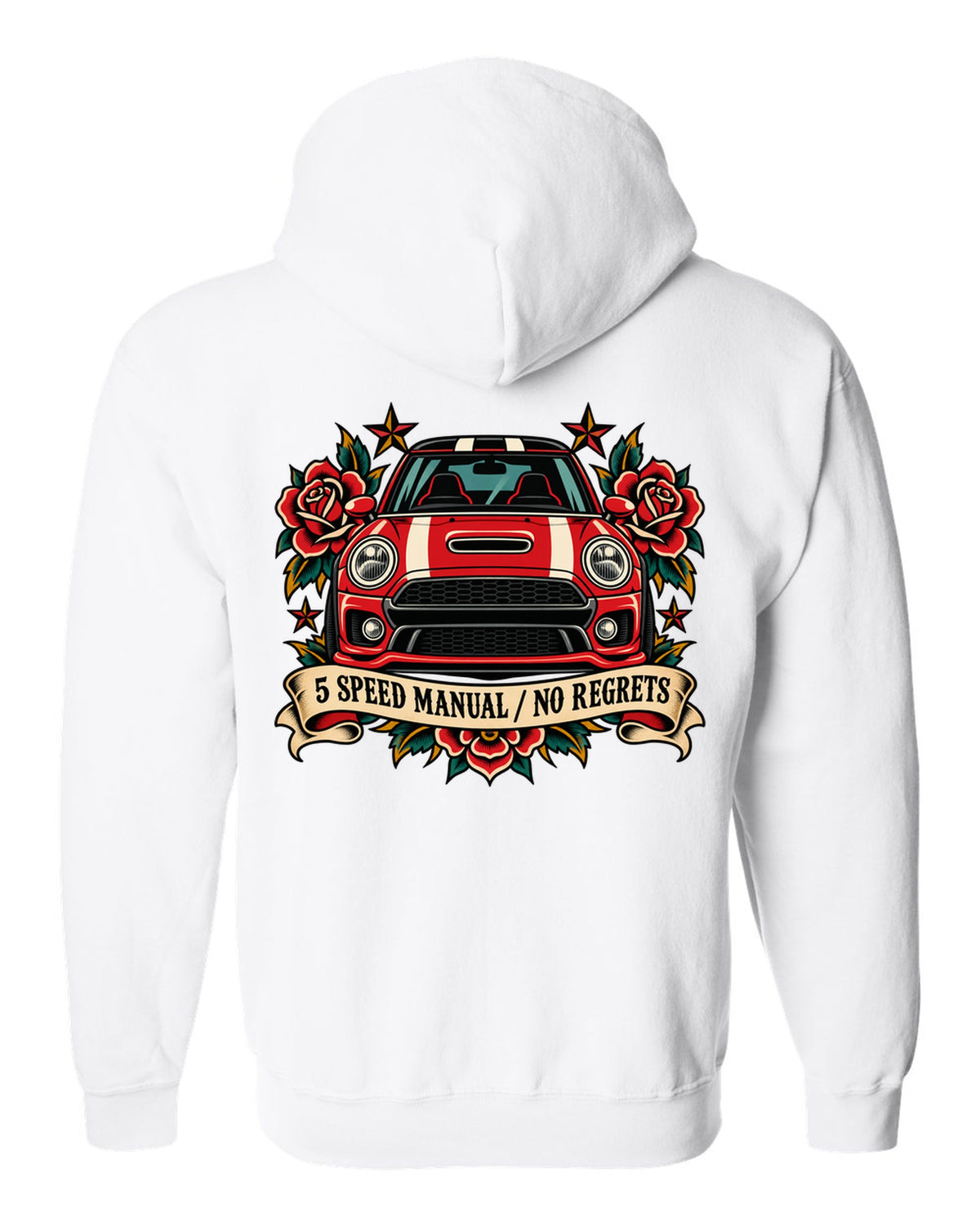 Tattoo flash style Fiat 500 Abarth with 5 speed manual no regrets lettering white zip hoodie back view with the design