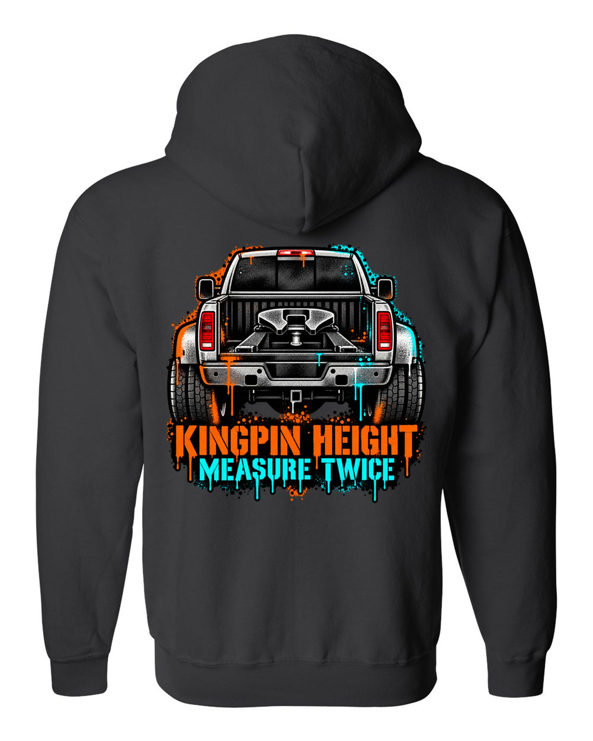 Stencil spray-art print of a 2010-2018 Ram 3500 6.7 Cummins rear with fifth wheel and kingpin height text black zip hoodie back view with the design