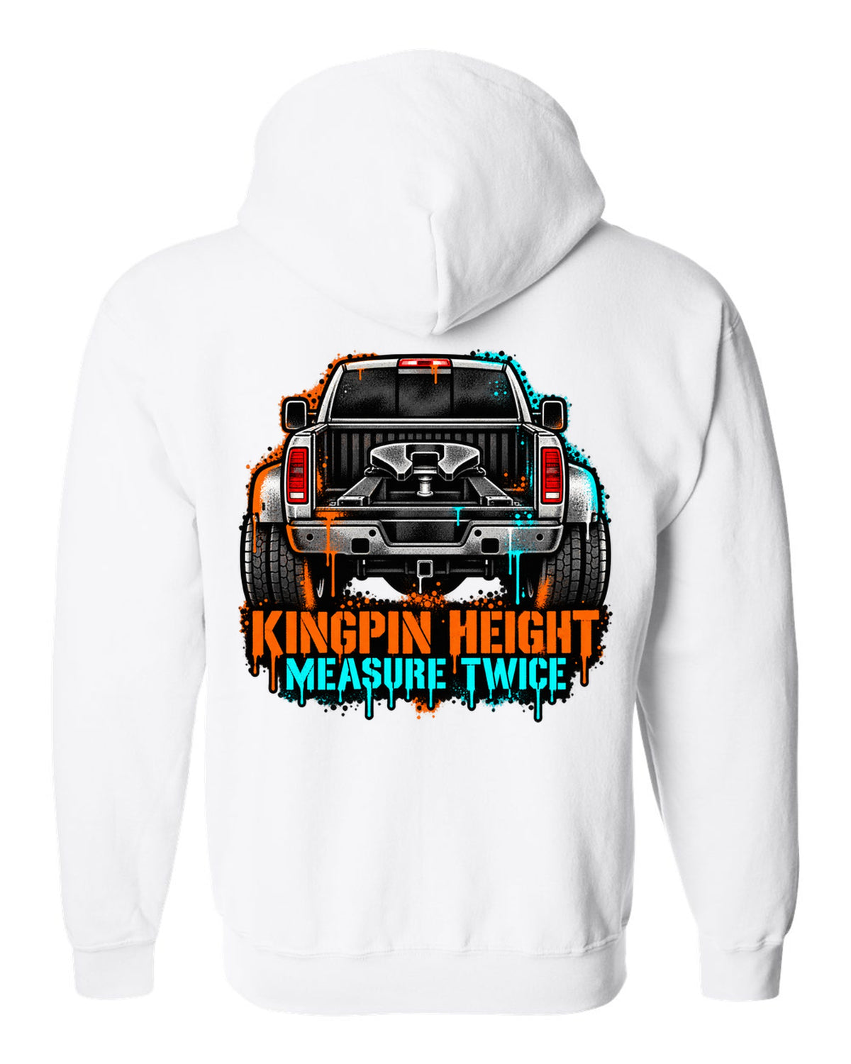 Stencil spray-art print of a 2010-2018 Ram 3500 6.7 Cummins rear with fifth wheel and kingpin height text white zip hoodie back view with the design