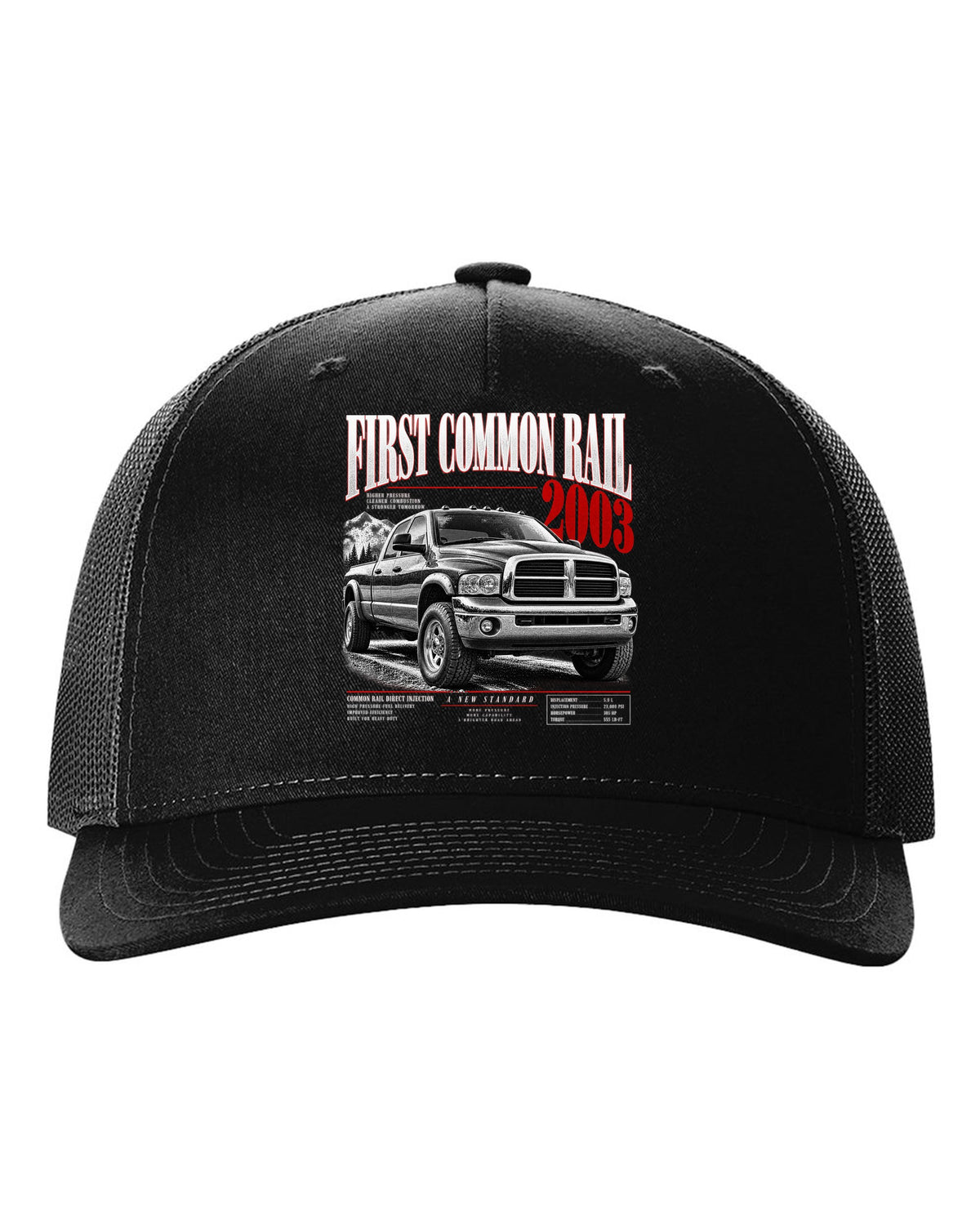 Editorial headline of a 2003-2009 Ram 2500 3rd gen with the text First Common Rail 2003 black hat front view with the design