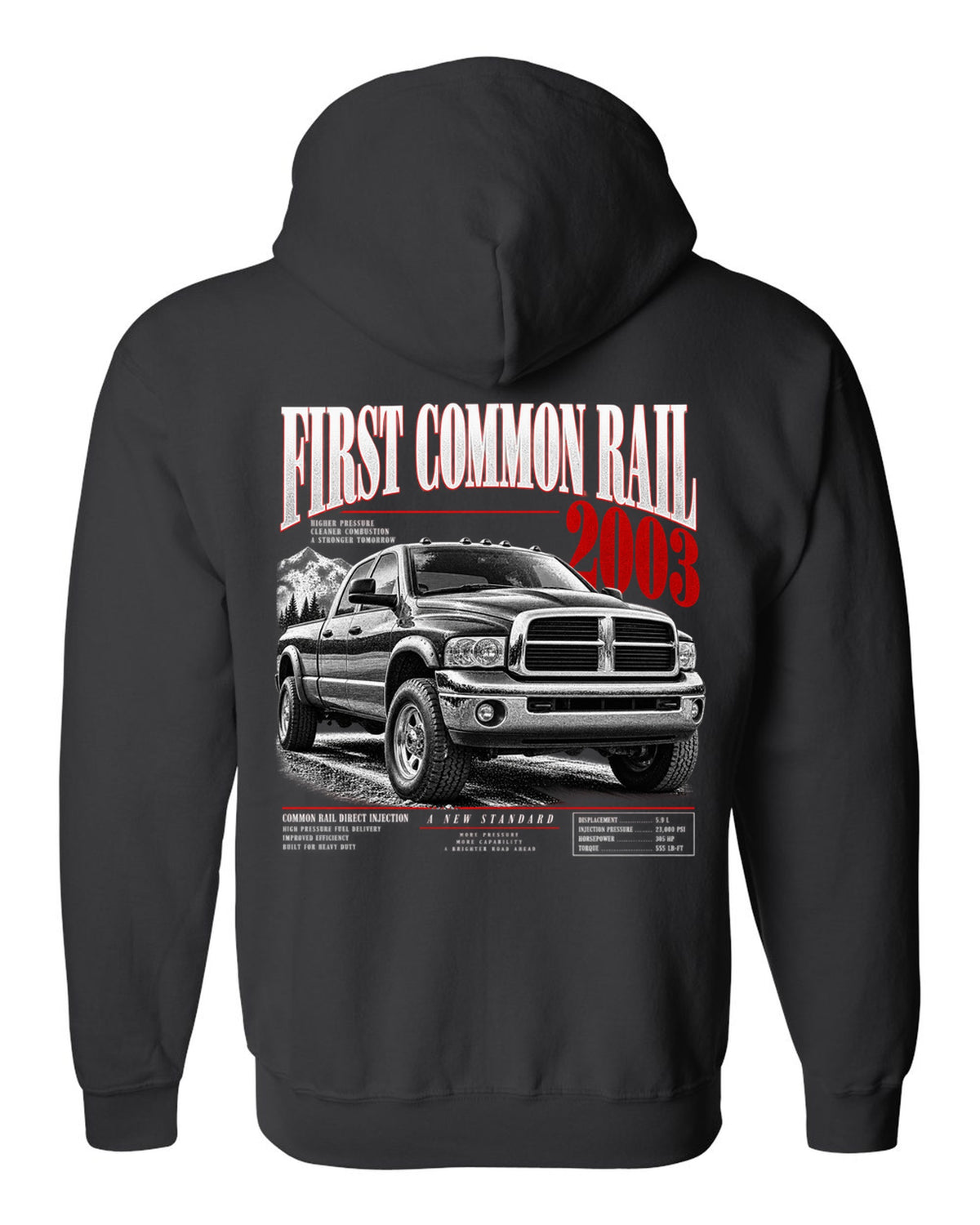 Editorial headline of a 2003-2009 Ram 2500 3rd gen with the text First Common Rail 2003 black zip hoodie back view with the design