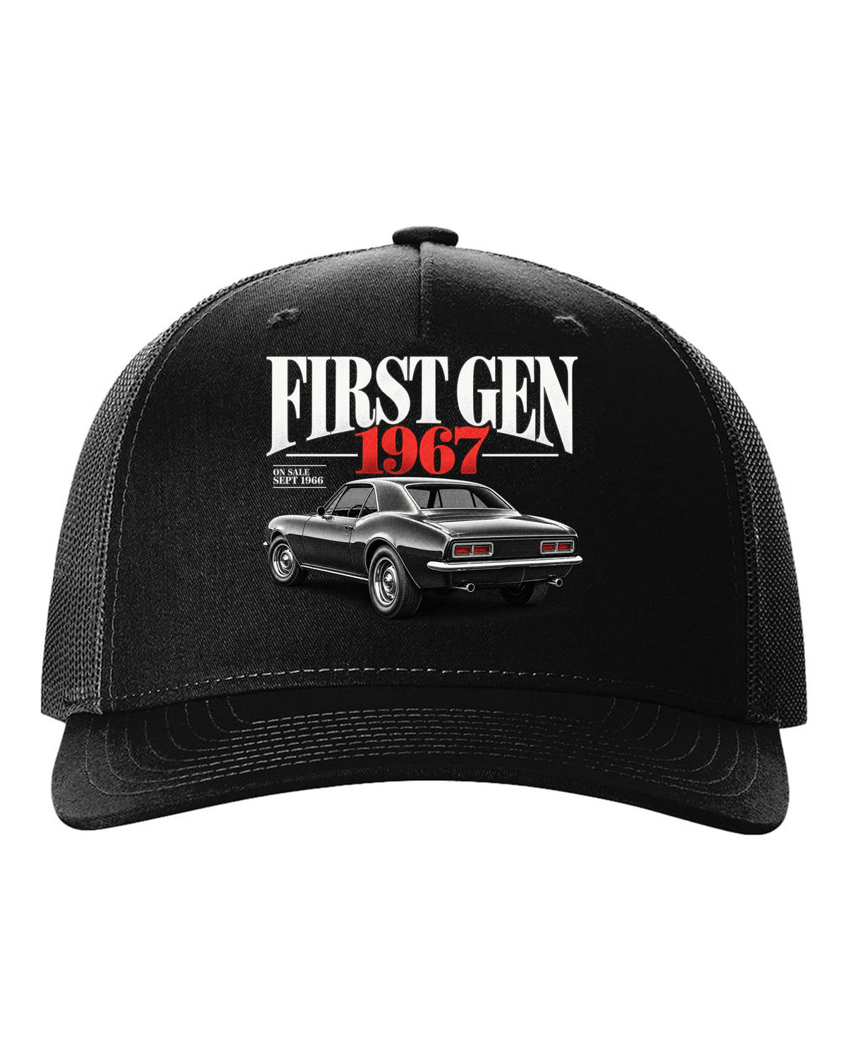 Editorial headline print of a 1967 first-gen Chevrolet Camaro with September 1966 on-sale date black hat front view with the design