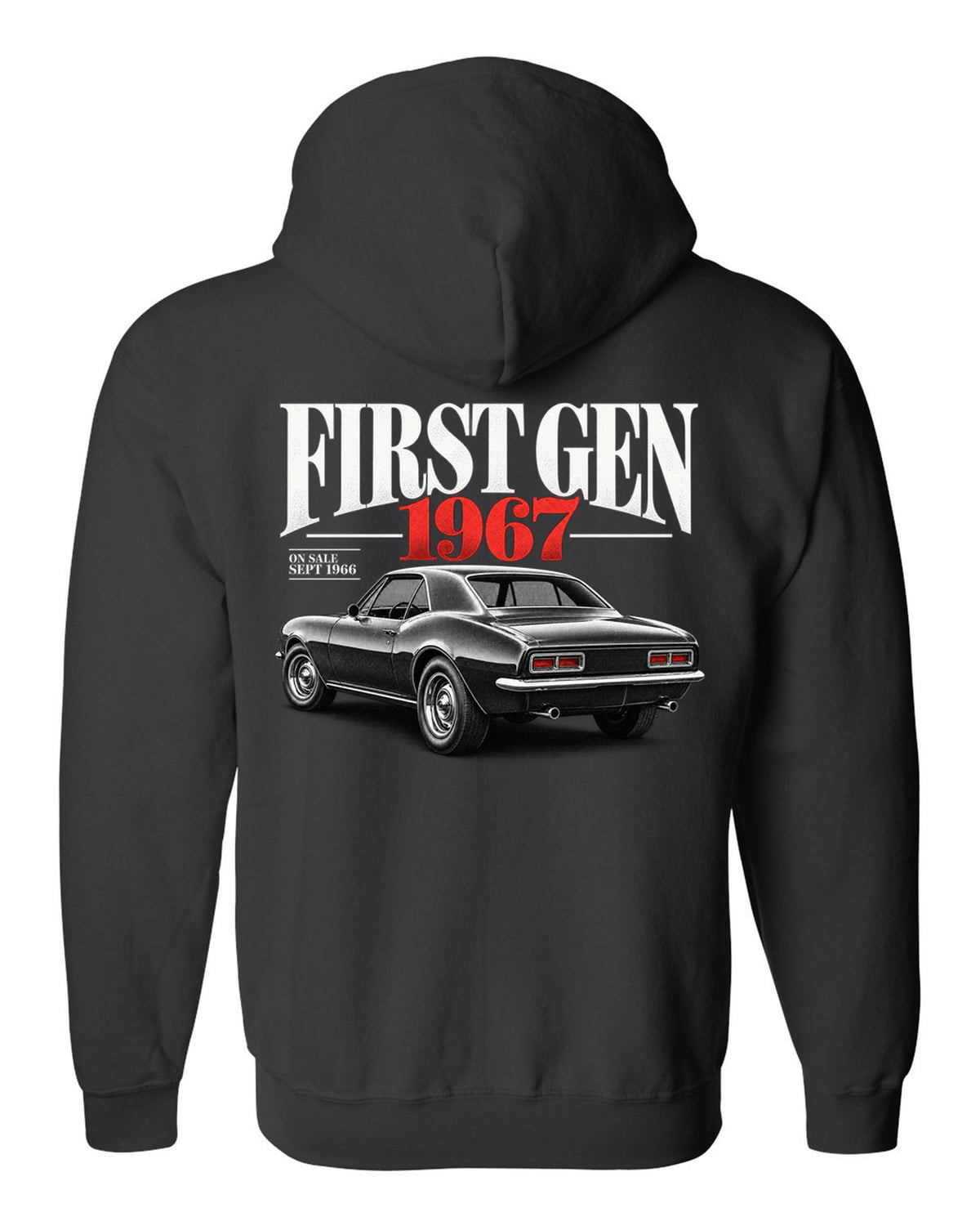 Editorial headline print of a 1967 first-gen Chevrolet Camaro with September 1966 on-sale date black zip hoodie back view with the design