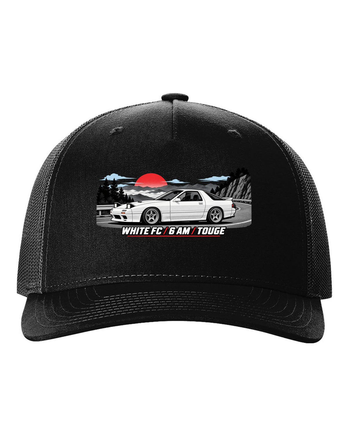 Pixel art print of a Mazda RX-7 SA22C with the text Compression, W's T black hat front view with the design