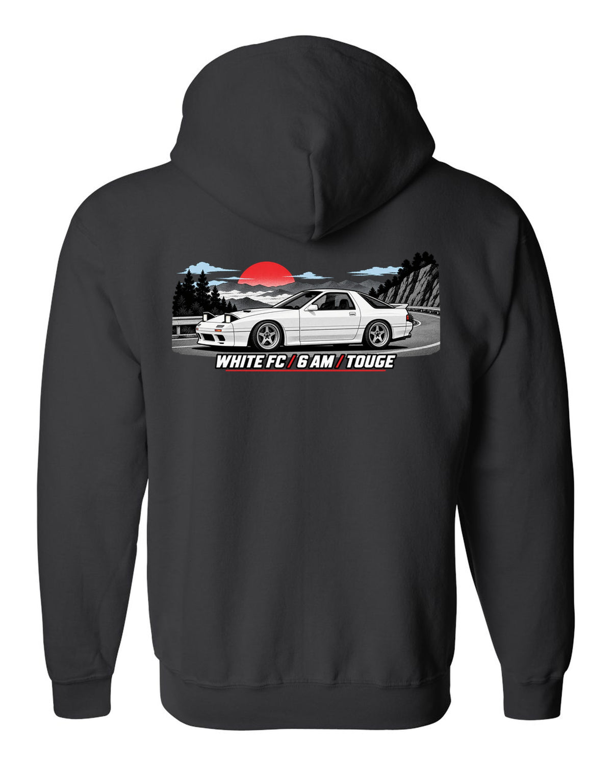 Pixel art print of a Mazda RX-7 SA22C with the text Compression, W's T black zip hoodie back view with the design