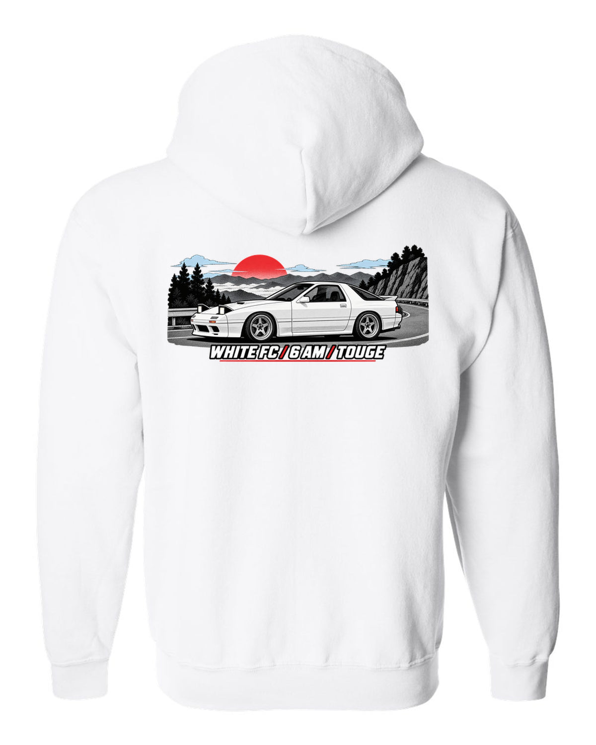 Pixel art print of a Mazda RX-7 SA22C with the text Compression, W's T white zip hoodie back view with the design