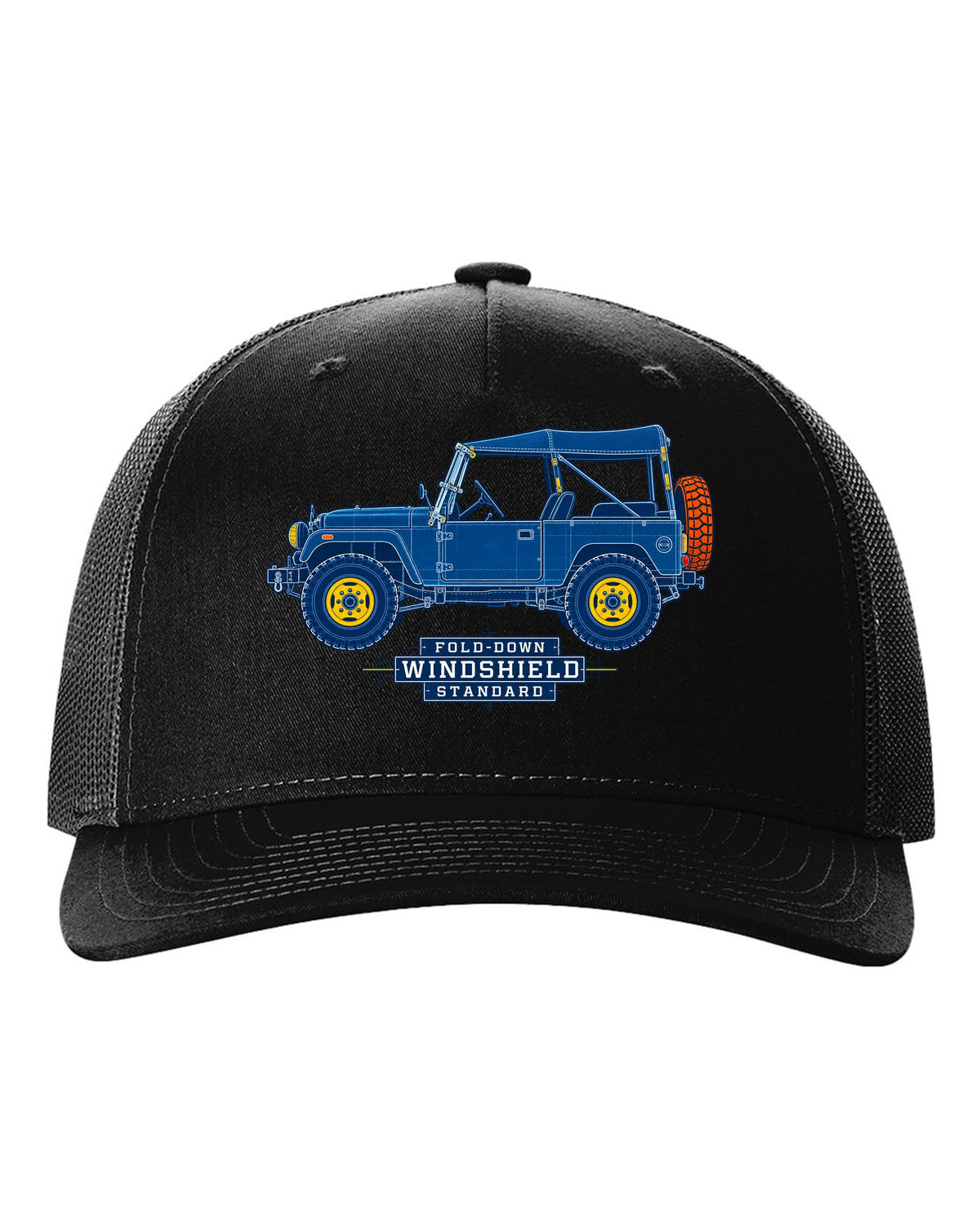 Cyanotype blueprint of a Toyota Land Cruiser FJ40 with fold-down windshield lettering black hat front view with the design