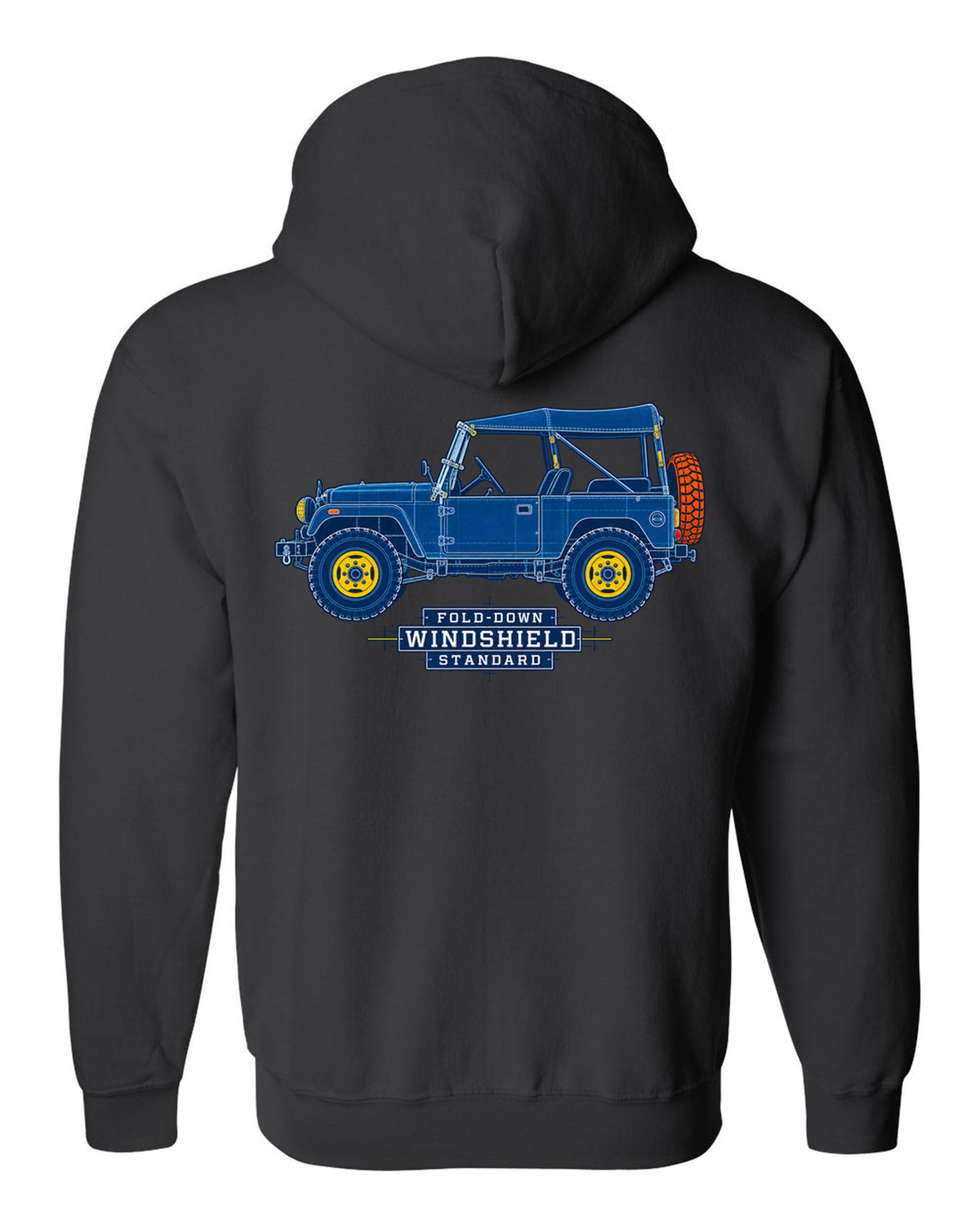 Cyanotype blueprint of a Toyota Land Cruiser FJ40 with fold-down windshield lettering black zip hoodie back view with the design