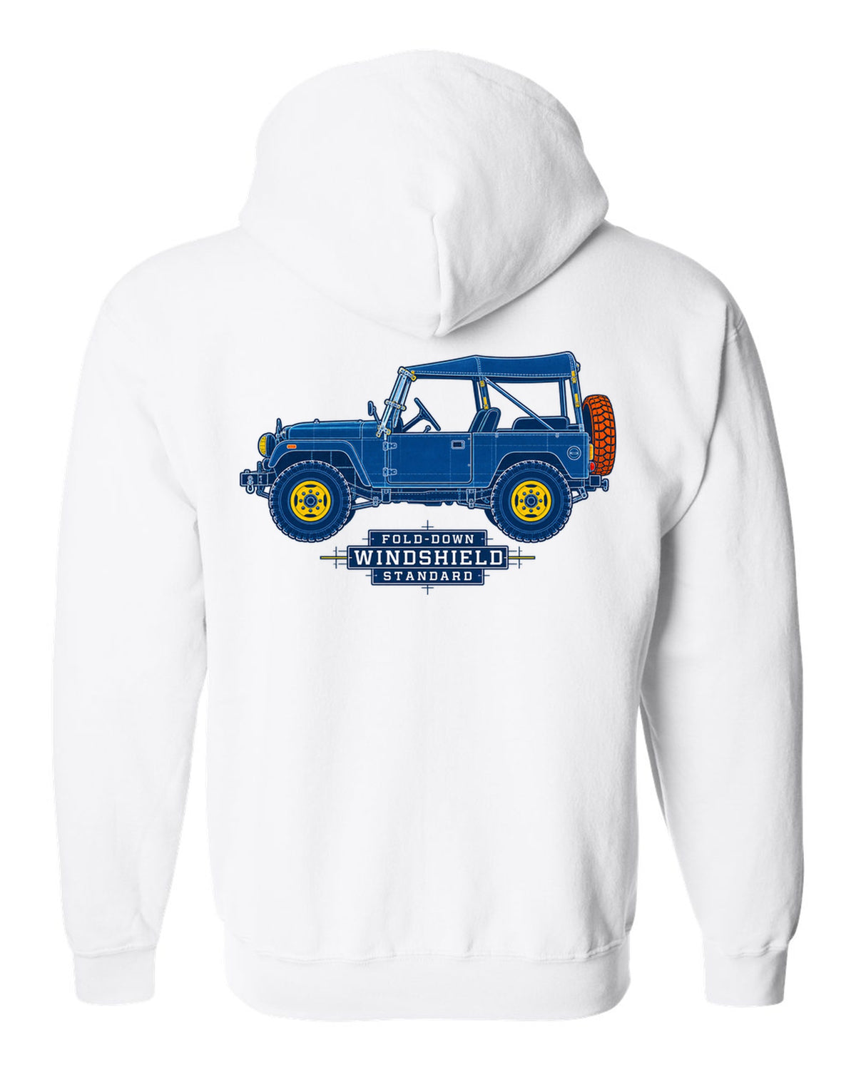 Cyanotype blueprint of a Toyota Land Cruiser FJ40 with fold-down windshield lettering white zip hoodie back view with the design
